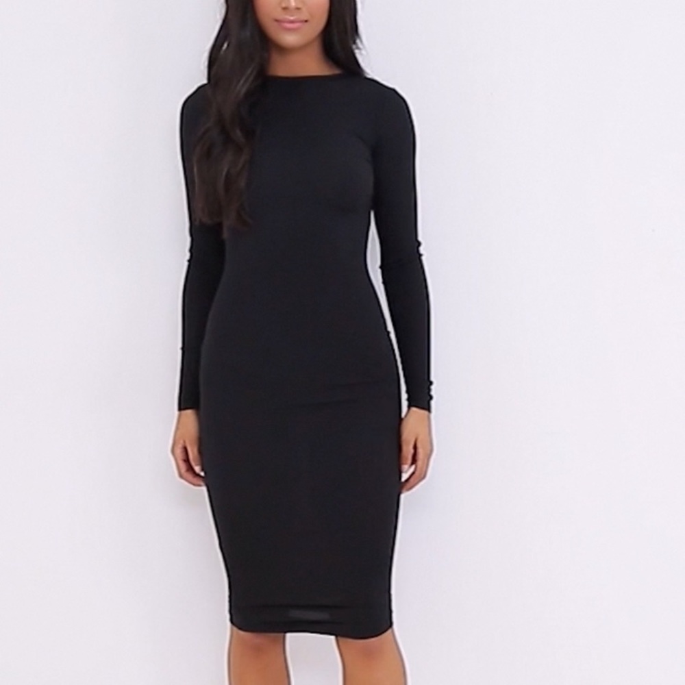 Black Ribbed Long Sleeve Midi Dress